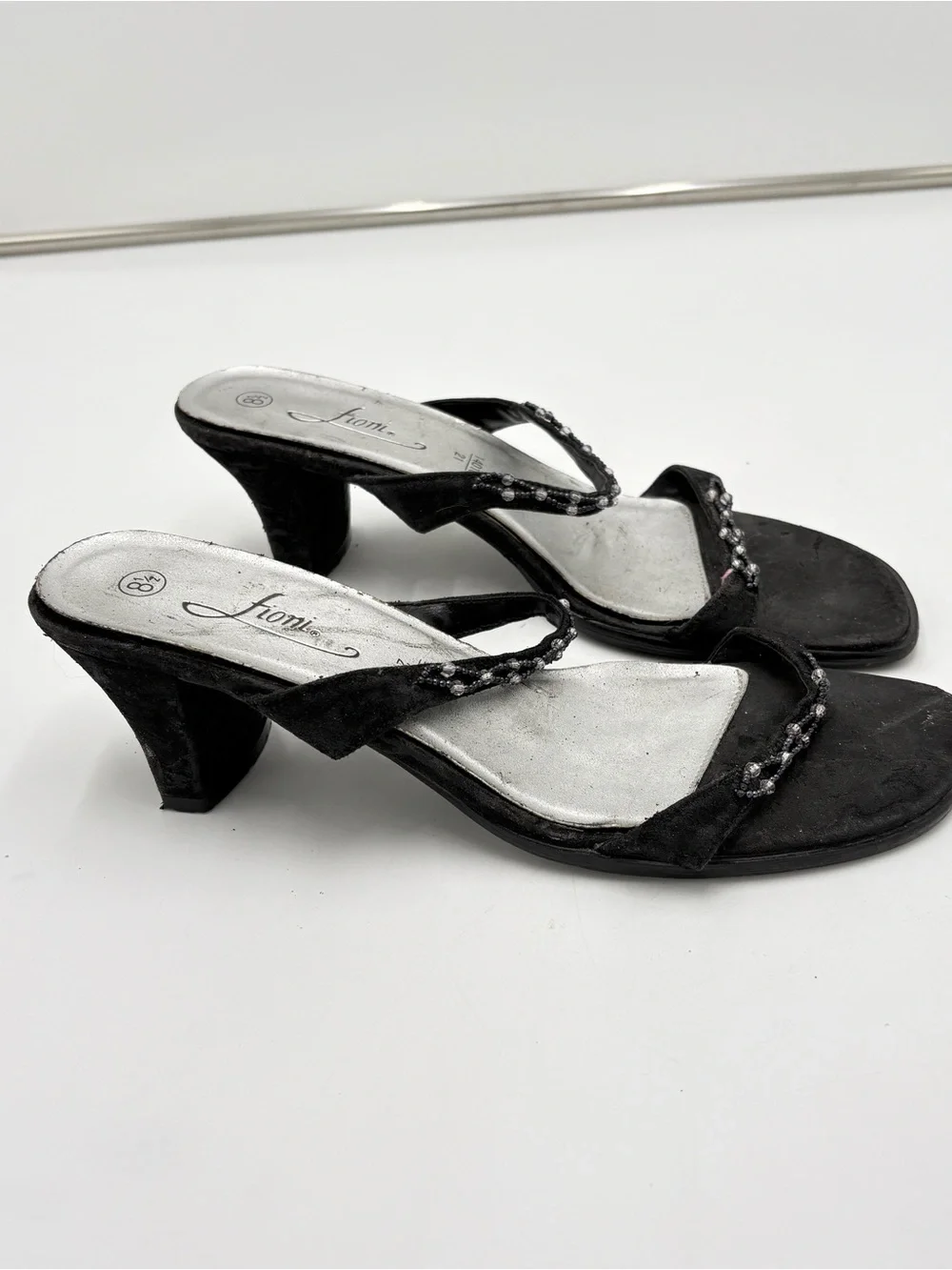 Vintage Y2K Fairycore Fioni Black Sandal Kitten Heels Beaded Women’s Size 8.5